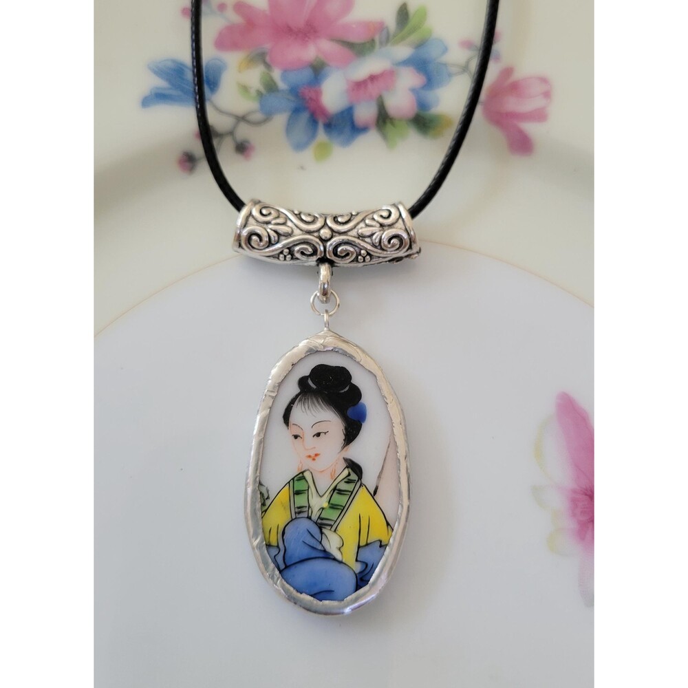 Upcycled Porcelain Necklace, Hand Painted Geisha, Chinoiserie Statement Jewelry